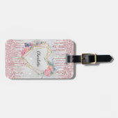 Étiquette À Bagage Nom monogramme des fleurs roses argentées (Devant horizontal)