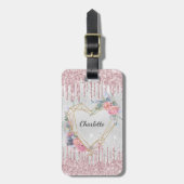 Étiquette À Bagage Nom monogramme des fleurs roses argentées (Devant Vertical)