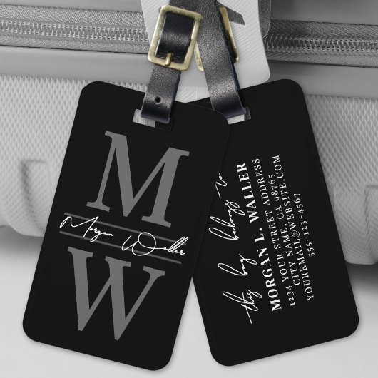 Étiquette À Bagage Nom Monogramme Élégant Noir