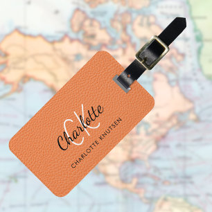 Étiquette À Bagage Nom monogramme en cuir orange