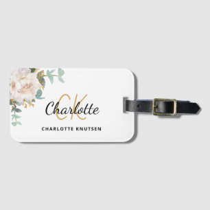 Étiquette À Bagage Nom monogramme floral blanc eucalyptus