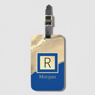 Étiquette À Bagage Nom & Monogramme, Gold Agate, Deep Blue