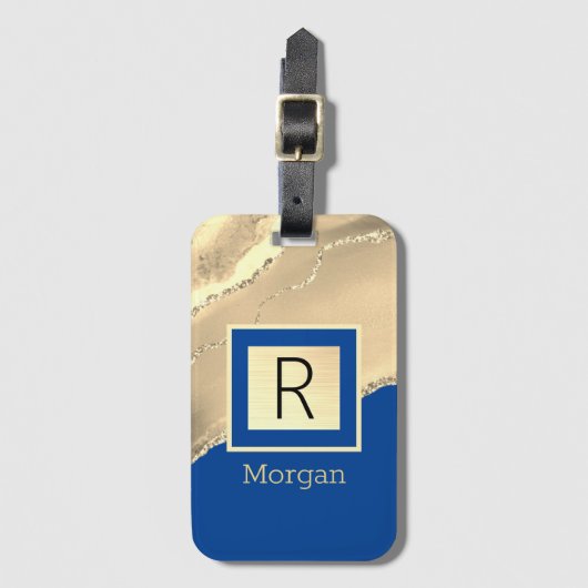 Étiquette À Bagage Nom & Monogramme, Gold Agate, Deep Blue (Devant Vertical)