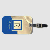 Étiquette À Bagage Nom & Monogramme, Gold Agate, Deep Blue (Devant Horizontal)
