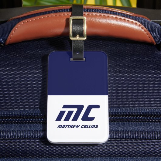 Étiquette À Bagage Nom Monogrammé Moderne en Bleu Simple et Gras (Insitu Rectoal 2)