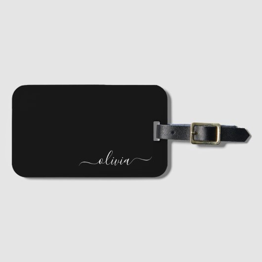Étiquette À Bagage Nom Monogramme Moderne Script Féminin Noir (Devant Horizontal)