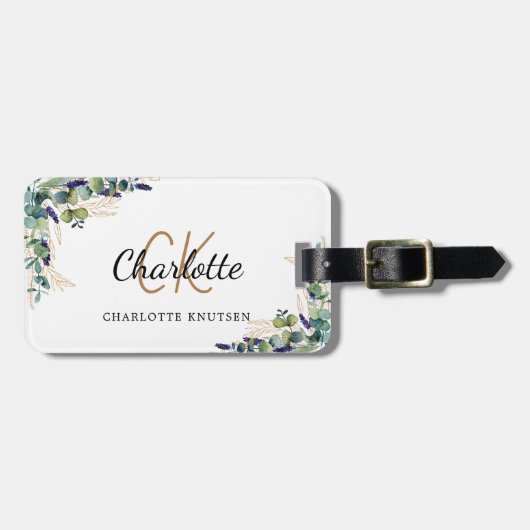 Étiquette À Bagage Nom monogramme or Eucalyptus (Devant horizontal)