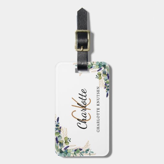 Étiquette À Bagage Nom monogramme or Eucalyptus (Devant Vertical)