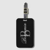 Étiquette À Bagage Nom Monogramme Personnalisé Noir Et Gris (Devant Vertical)