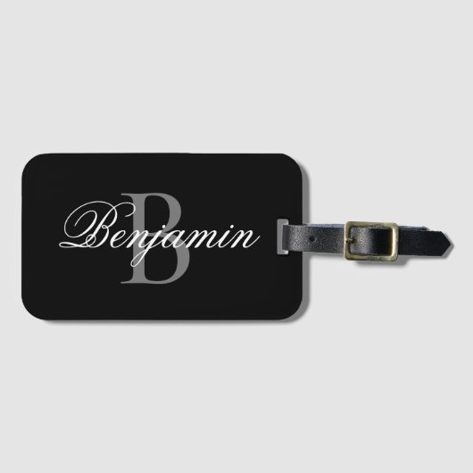 Étiquette À Bagage Nom Monogramme Personnalisé Noir Et Gris (Devant Horizontal)