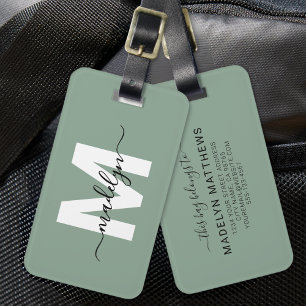Étiquette À Bagage Nom Monogramme Personnalisé Vert Sauge Moderne