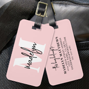 Étiquette À Bagage Nom Monogramme Rose Fard Moderne Féminin