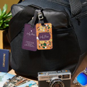 Étiquette À Bagage Nom personnalisé Contour floral violet