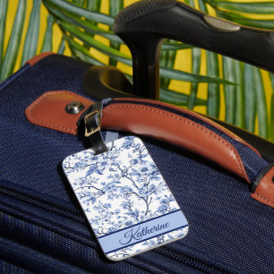 Étiquette À Bagage Nom personnalisé Élégant floral bleu vintage franç