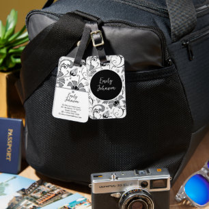 Étiquette À Bagage Nom personnalisé floral noir et blanc