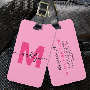 Étiquette À Bagage Nom personnalisé girly moderne rose chaud monogram