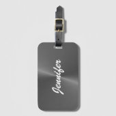 Étiquette À Bagage Nom personnalisé gris brillant faux métal (Devant Vertical)