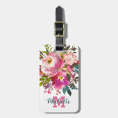 Étiquette À Bagage Nom personnalisé | Monogramme floral rose (Devant Vertical)