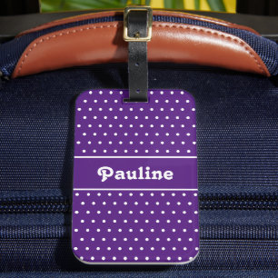Étiquette À Bagage Nom personnalisé Polka Dot foncé violet et blanc