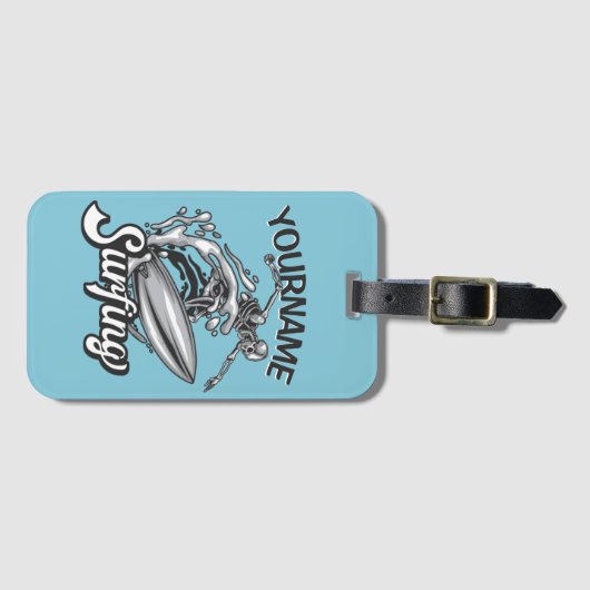 Étiquette À Bagage NOM personnalisé Surfer Big Wave Skeleton Surfing (Devant Horizontal)