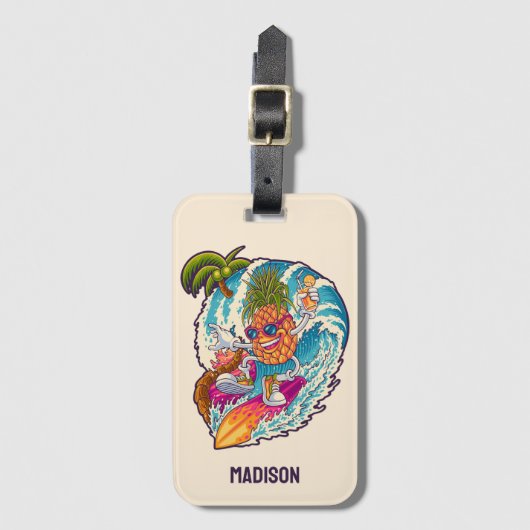 Étiquette À Bagage Nom personnalisé Surfing Pineapple (Devant Vertical)