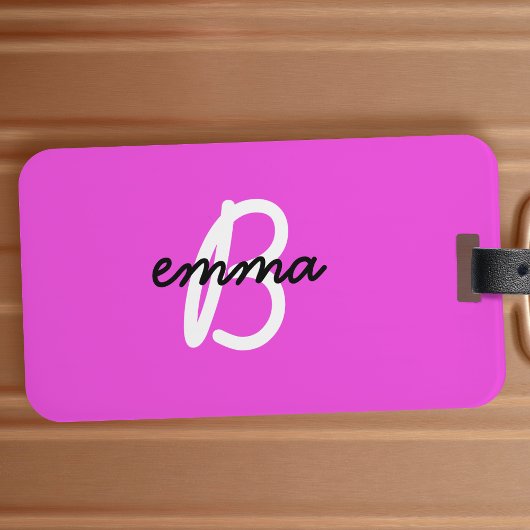 Étiquette À Bagage Nom rose chaud | Neon de monogramme initial modern