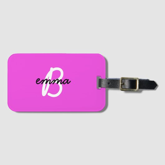 Étiquette À Bagage Nom rose chaud | Neon de monogramme initial modern (Devant Horizontal)