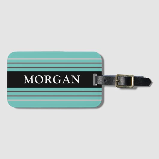 Étiquette À Bagage Nom, Texte Blanc, Noir, Rayures Grises, Turquoise (Devant Horizontal)