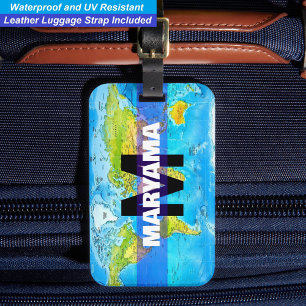 Étiquette À Bagage Nom Voyageur avec Carte du Monde Initiale Monogr