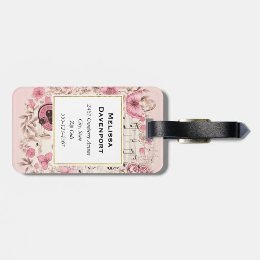 Étiquette À Bagage Notes musicales et fleurs Style rétro Monogramme (Dos horizontal)