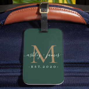 Étiquette À Bagage Nouveau marié M. Mme Gold Monogram Noms Dark Green