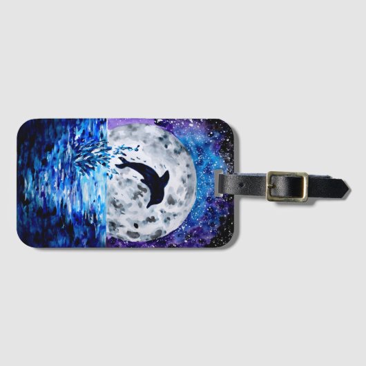 Étiquette À Bagage Océan dauphin et lune (Devant Horizontal)