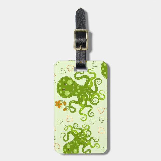 Étiquette À Bagage Octopes Vertes Avec Fleurs (Devant Vertical)