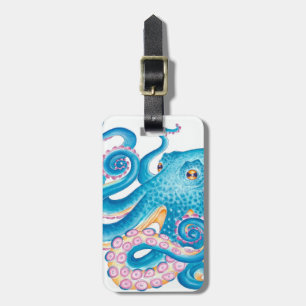 Étiquette À Bagage Octopus bleu Kraken Orange Rose Aquarelle