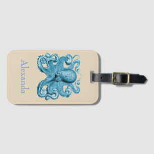 Étiquette À Bagage Octopus en bleu et bronze Personnalisé