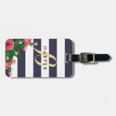 Étiquette À Bagage Oeillets roses et rayures bleues nom et monogramme (Devant horizontal)