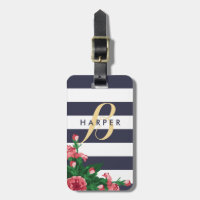 Oeillets roses et rayures bleues nom et monogramme