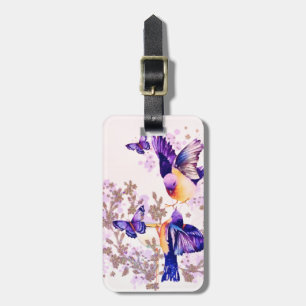 Étiquette À Bagage Oiseaux à l'aquarelle Fleurs Violet Paillettes