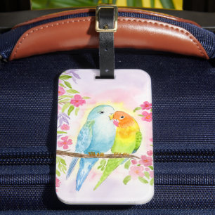 Étiquette À Bagage Oiseaux d'amour à l'aquarelle avec fleurs roses