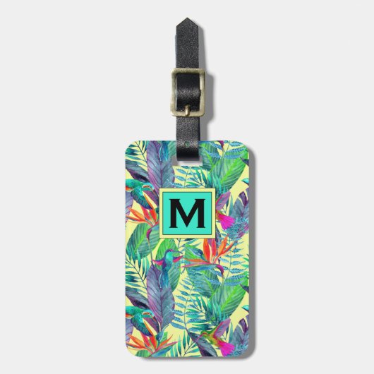 Étiquette À Bagage Oiseaux D'Aquarelle Dans La Jungle | Monogramme (Devant Vertical)