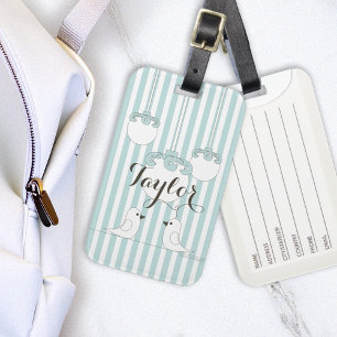 Étiquette À Bagage Oiseaux mignons personnalisés rayure bleu bébé 