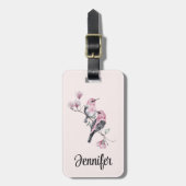 Étiquette À Bagage Oiseaux roses et noirs sur une branche d'arbre (Devant Vertical)