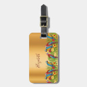 Étiquette À Bagage Oiseaux tropicaux perroquets or palme nom feuille (Devant Vertical)