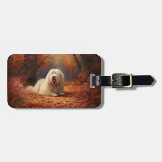 Étiquette À Bagage Old English Sheepdog en automne Leaves Fall Inspir (Devant horizontal)