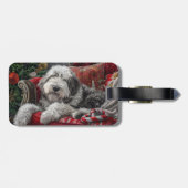 Étiquette À Bagage Old English Sheepdog Festive de Noël (Dos horizontal)
