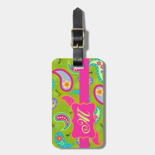 Étiquette À Bagage Olive Green Fuchsia rose moderne Paisson Monogramm (Devant Vertical)