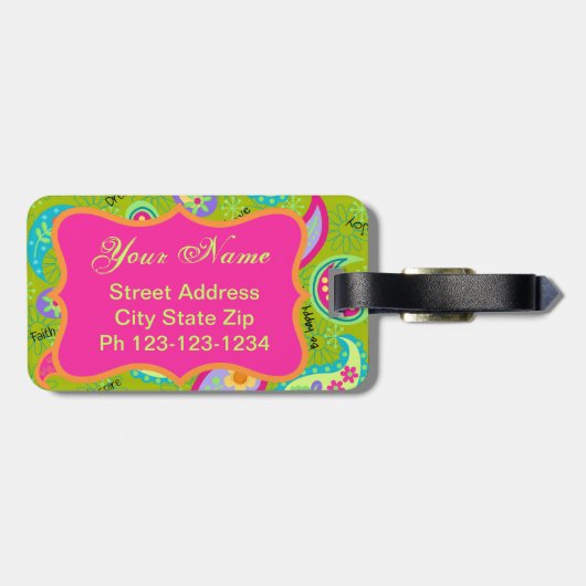 Étiquette À Bagage Olive Green Fuchsia rose moderne Paisson Monogramm (Dos horizontal)
