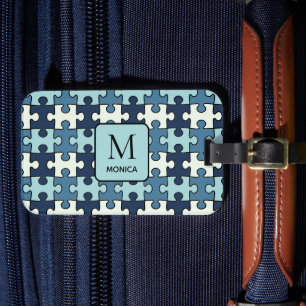 Étiquette À Bagage Ombre moderne de Blue Puzzle Pièces Monogramme