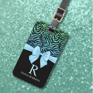 Étiquette À Bagage Ombre Parties scintillant Zebra Blue Bow Monogramm