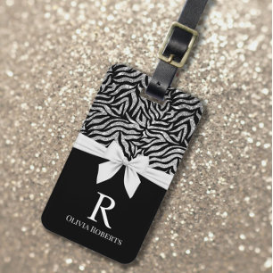 Étiquette À Bagage Ombre Parties scintillant Zebra White Bow Monogram